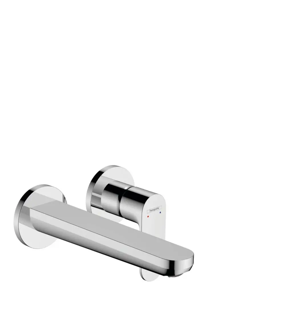 Hansgrohe Unterputz-Waschtischmischer mit längerem Auslauf, Wandmontage, verchromte Oberfläche und Temperaturanzeigen in Rot und Blau.